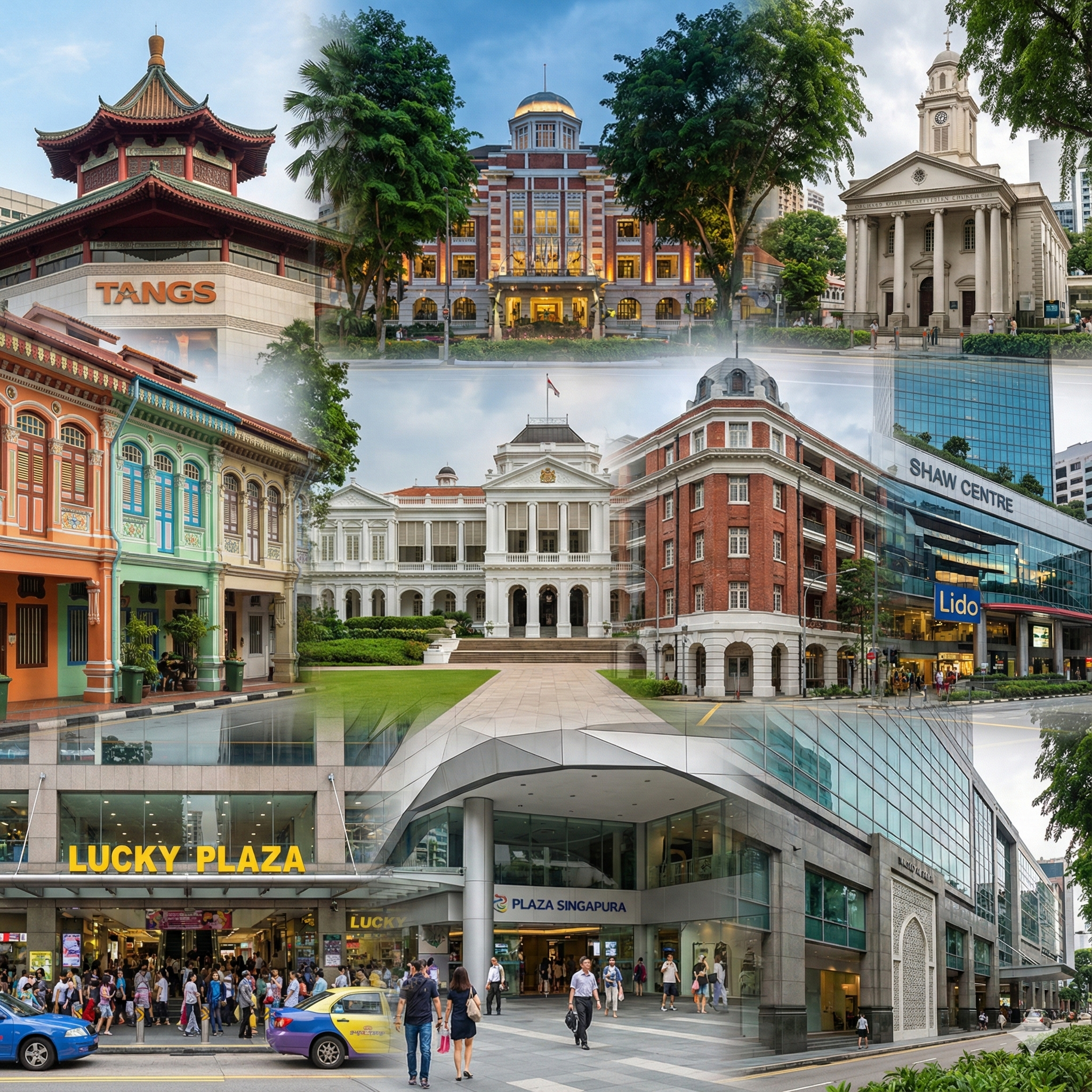 Heritage landmarks along Orchard Road: Tangs pagoda, colonial shophouses, Lucky Plaza, Shaw Centre, Plaza Singapura, and the Istana