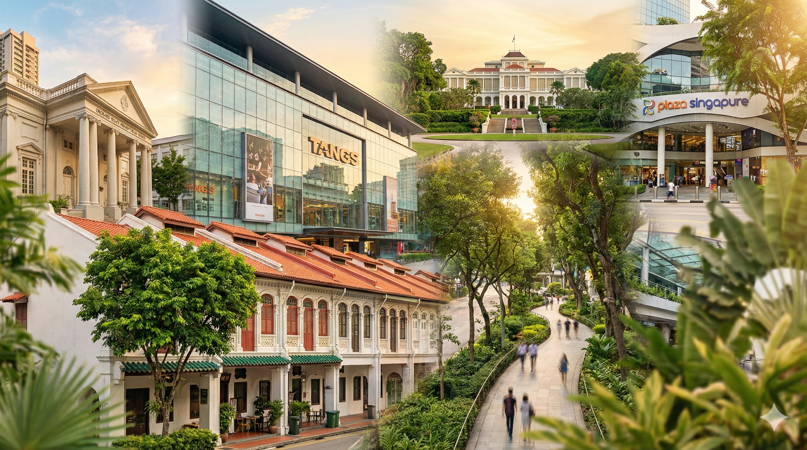 Collage of Orchard Road heritage landmarks including Tangs, the Istana, and historic shophouses